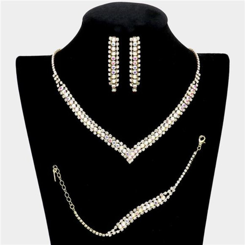 3 Piece Round Stone Detail Rhinestone Necklace Jewelry Set